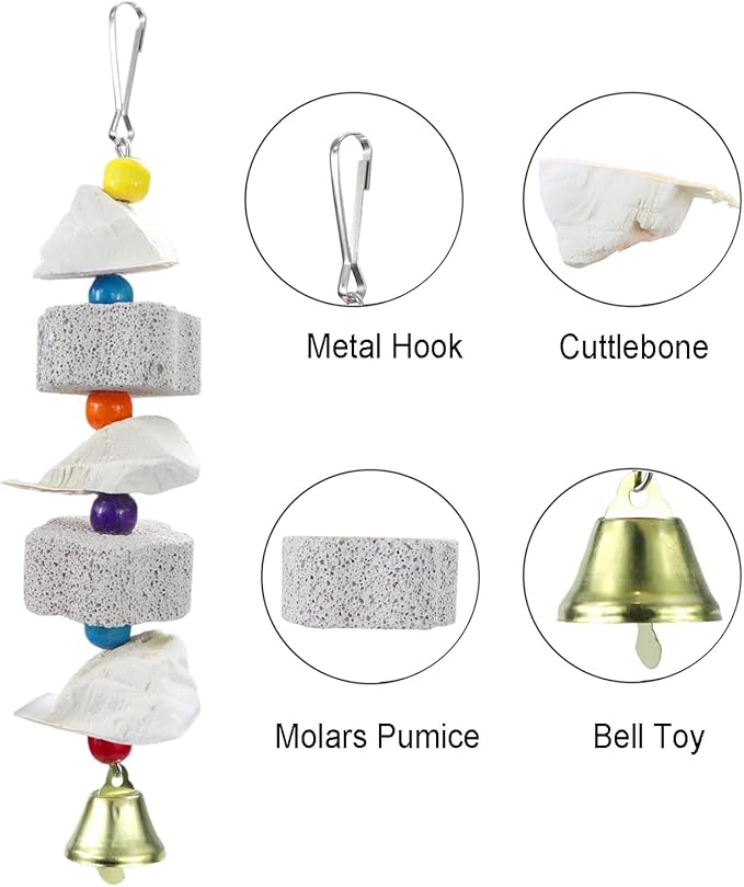 2Pcs Bird Beak Trim Cuttlebone Calcium Stone Lava Block Chew Toy Grinding Teeth Natural Minerals with Bell for Parakeet Conure Lovebird Cockatiel Finch Canary Hamster Chinchilla Rabbit