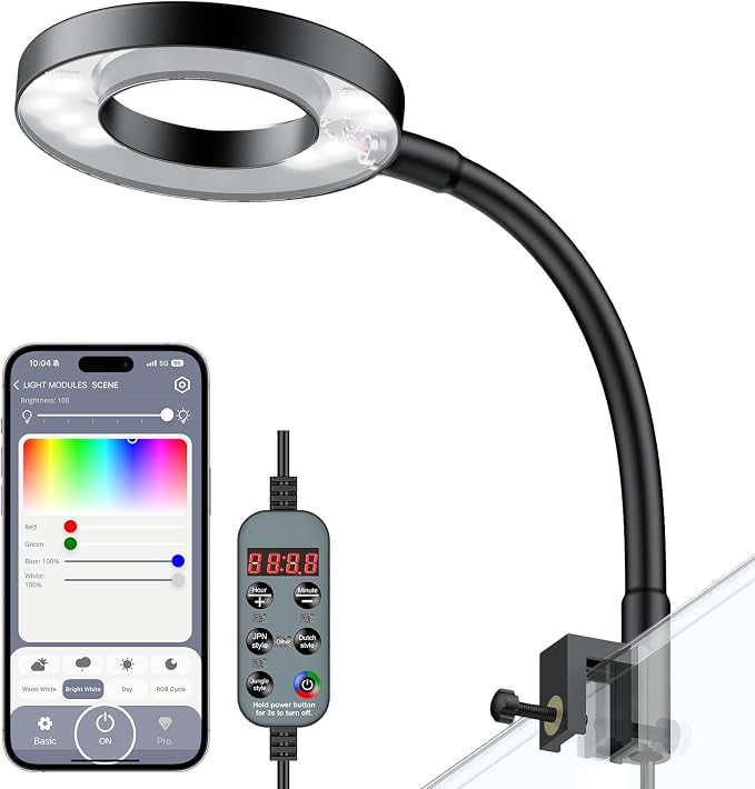 Pawfly 6W Smart Bluetooth Fish Tank Clip Light, Full Spectrum LED Aquatic Light with 24-Hour Cycle Timer & Variable Brightness, USB Supply for 1-5Gal Small Tanks (Adapter Not Included)