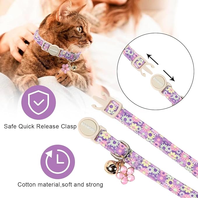 Cat Collar,2 Pack Cute Cat Collars Breakaway with Bell- Safety Buckle Flower Pink Rose Cat Collar for Girl Cats and Small Dogs，Adjustable 7-12 Inch,Pet Supplies Accessories