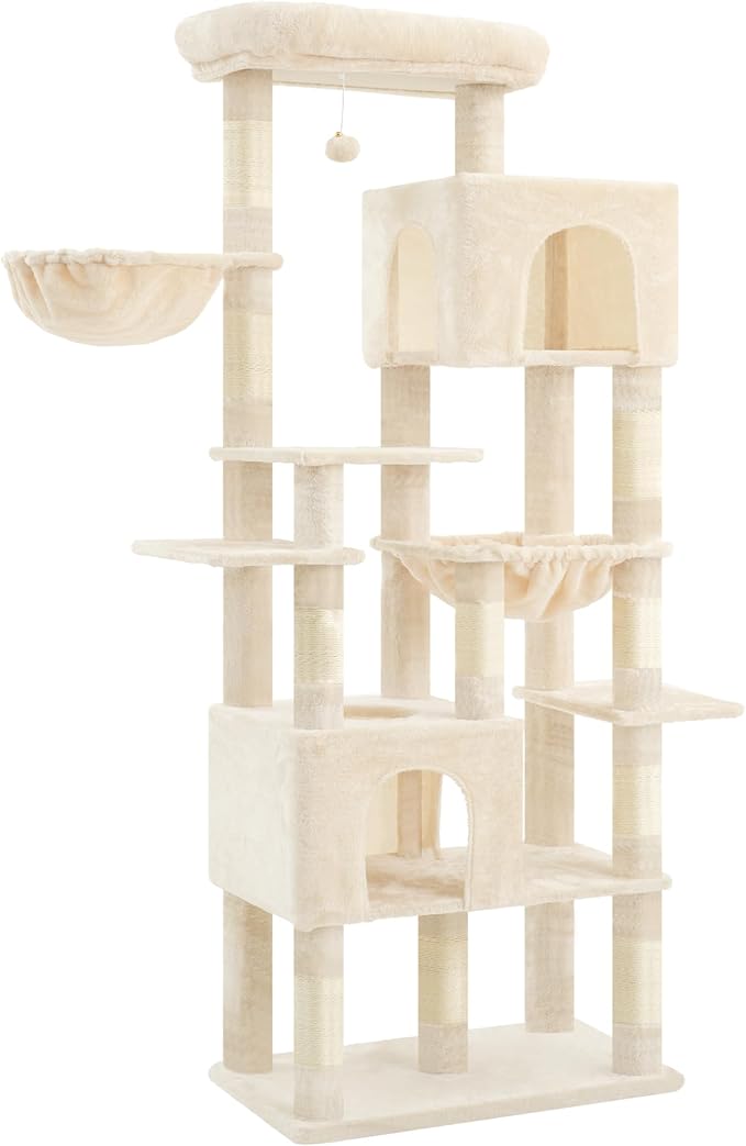 Heybly Cat Tree, 76-Inch Tall Heavy Duty Cat Tower for Big Cats with Extra Wide Baseboard, Multi-Level Large Cat Furniture with 2 Condos & 2 Hammocks, 10 Scratching Posts, Beige HCT039M