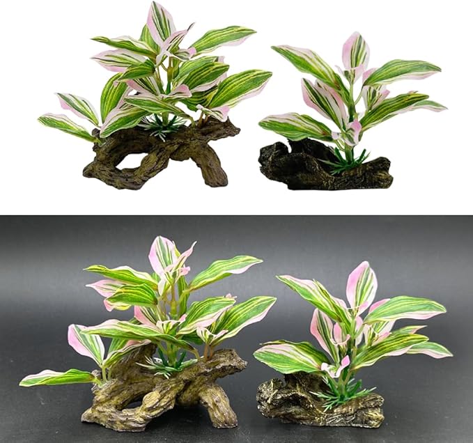 Fish Tank Decorations Aquarium Decor Ornaments Betta Pink Leaf pad Hammock Artifical Driftwood Goldfish Bowl Accessories (Light Pink Set)