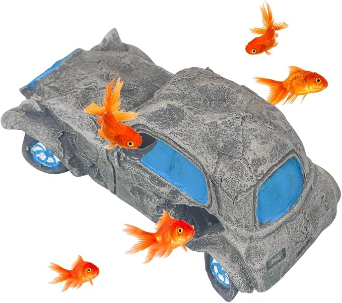 Virekm Resin Rock Cave Hideouts for Fish Tank Aquarium Decorations | Safe Natural Design Ornaments for Betta, Goldfish, Shrimp, Easy To Clean Aquarium Landscape Decor (car)