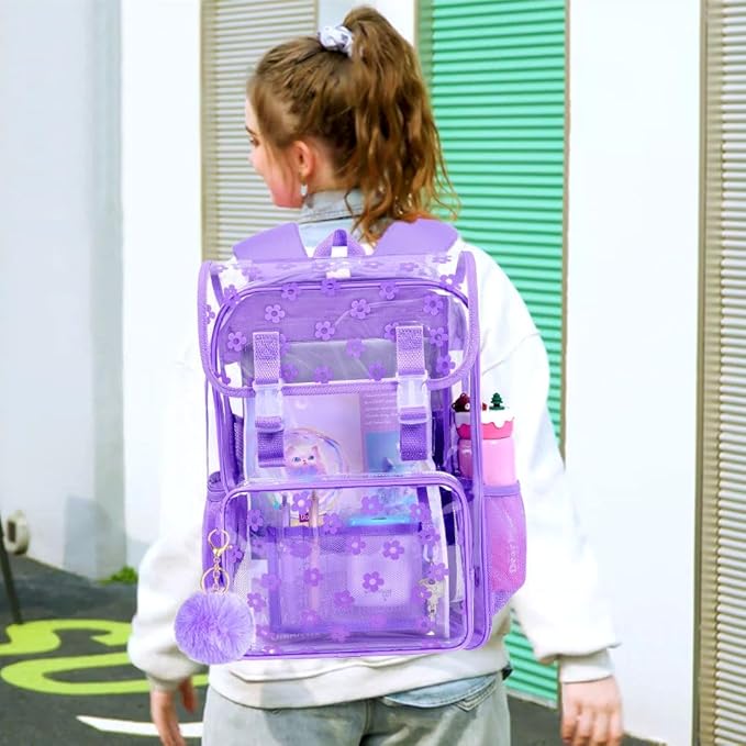 17" Plum Blossom Clear Backpack for Girls - 3Pcs Flip Design Stadium Approved Set, Campus/School Transparent Bookbag (Purple)