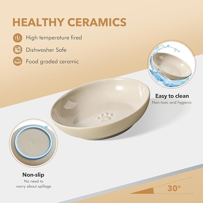 Havniva Elevated Cat Bowls, Ceramic Cat Food Bowl Whisker Friendly Cat Dishes, Kitten Food & Water Bowl with Two Heights Stand, Anti-Slip Raised Cat Food Plates