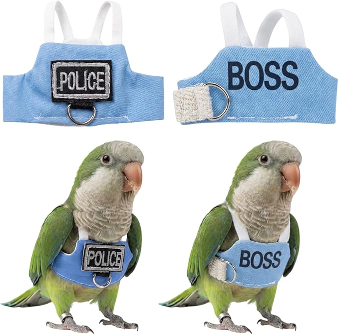 2 Pack Bird Flight Suit Vest, Adjustable Parrot Harness Clothes with Cute Design, Anti-Bite Outdoor Training Outfit for Parakeet, Cockatiel, Conure, Quaker, Budgie (L,Without Leash)