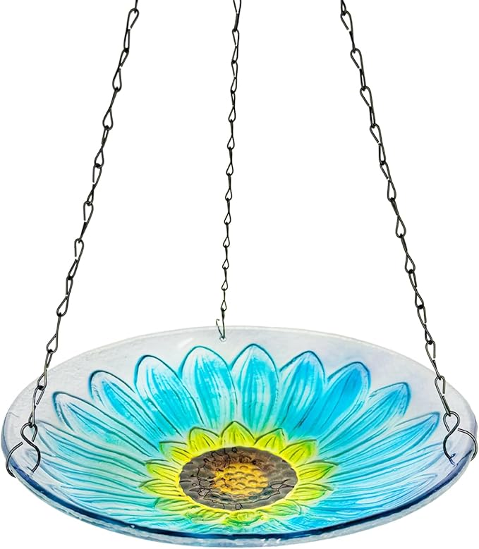 Hanging Bird Baths Outdoor Glass Birdbaths Garden Bird Feeder for Yard Lawn Decor Blue Flower