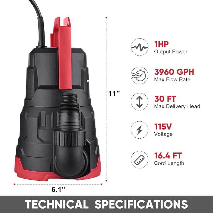 Sump Pump, 1 HP 3960GPH Submersible Utility Water Pump, Thermoplastic Portable Electric Water Removal Transfer Pump with 16.4FT Cord for Swimming Pool Basement Garden Pond Tubs Draining
