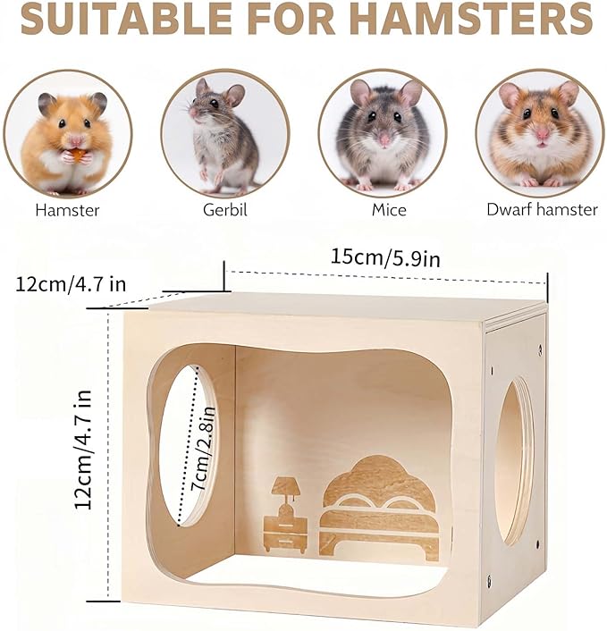 Marchul Hamster Hideout Wooden House Chamber Small Animals Pets Tunnel Exploring Toys for Dwarf Hamsters, Syrian Hamsters, Gerbils, Hedgehogs, Rats, Mice (Bed Room)