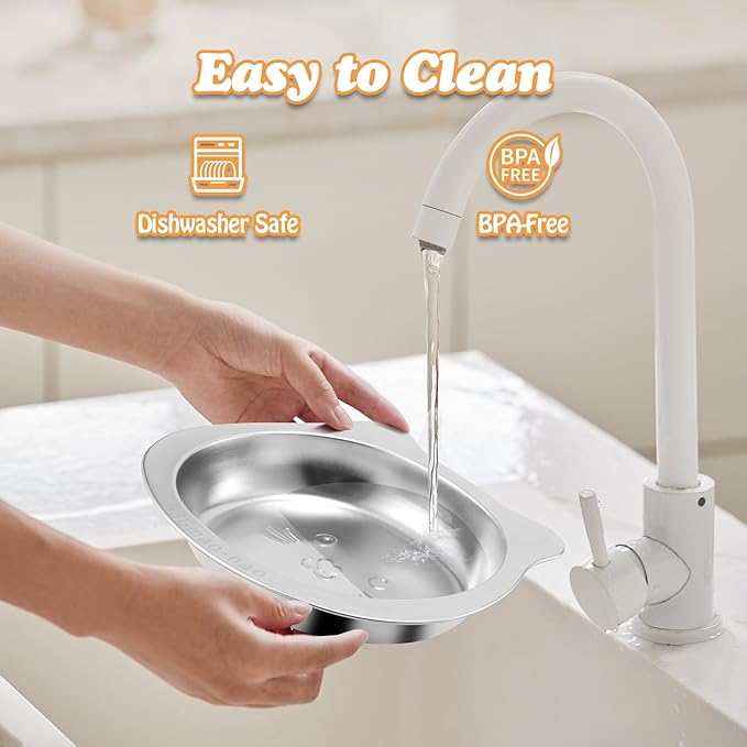 Elevated Cat Bowls with Non-Slip Mat - 7.1" Wide Whisker Friendly Dishes, Neck Stress-Free, Raised Stainless Steel Bowls for Flat-Faced/Senior Cats & Small Dogs, Indoor/Travel Use, 2-Pack
