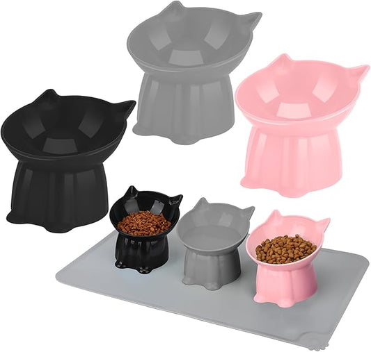 3 Pcs Elevated Cat Bowls 15°Raised Cat Food Bowl with Silicone Mat Whisker Friendly Anti Vomiting Cats Dishes Pet Food and Water Bowls for Indoor Cats Kittens Classic Pink, Grey, Black Pink, Grey, Bla