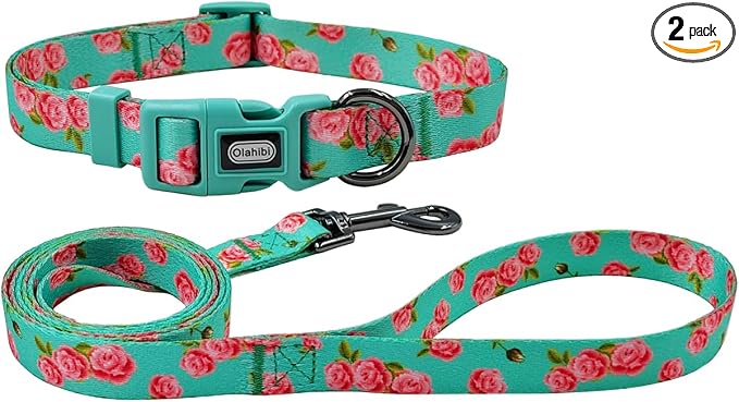 Dog Collar Leash Set, Floral Pattern, Polyester Material, Adjustable Collar and 5ft Matching Leash, for Medium Dogs.(M, Green Rose)