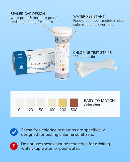 0-500 ppm Chlorine Test Strips,100 Strips, Restaurant Sanitizer Test Kit | Instant Color Readout, Bleach Test Strips for Food Service, Bars, Hotels, Kitchen Supplies, Food Trucks, Daycare, Factory