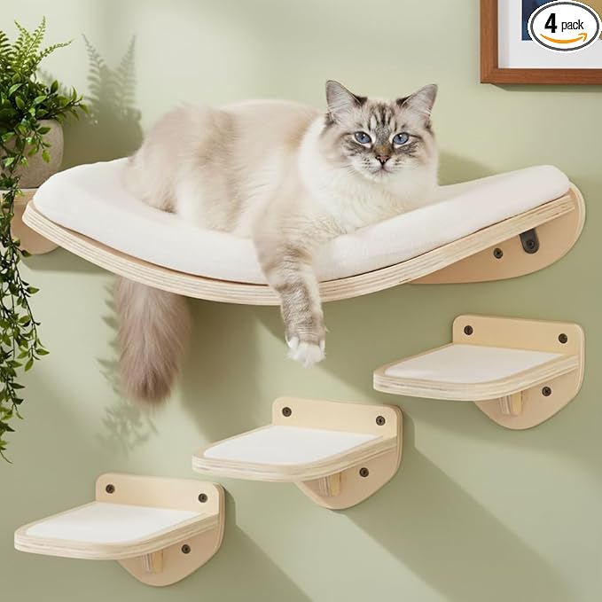 Cat Wall Shelves, Natural Finish – Floating Cat Furniture with Curved Bed & Steps | Modern Minimalist Wood Climbing Shelves Set of 4 for Indoor Cats, Sturdy Wall-Mounted Design