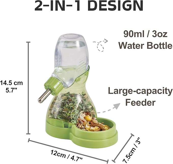 2 in 1 Hamster Water Bottle No Drip with Large Capacity Automatic Food Dispenser Small Animal Feeder for Syrian Dwarf Hamster Mouse Rat Degu (Green, 3oz)