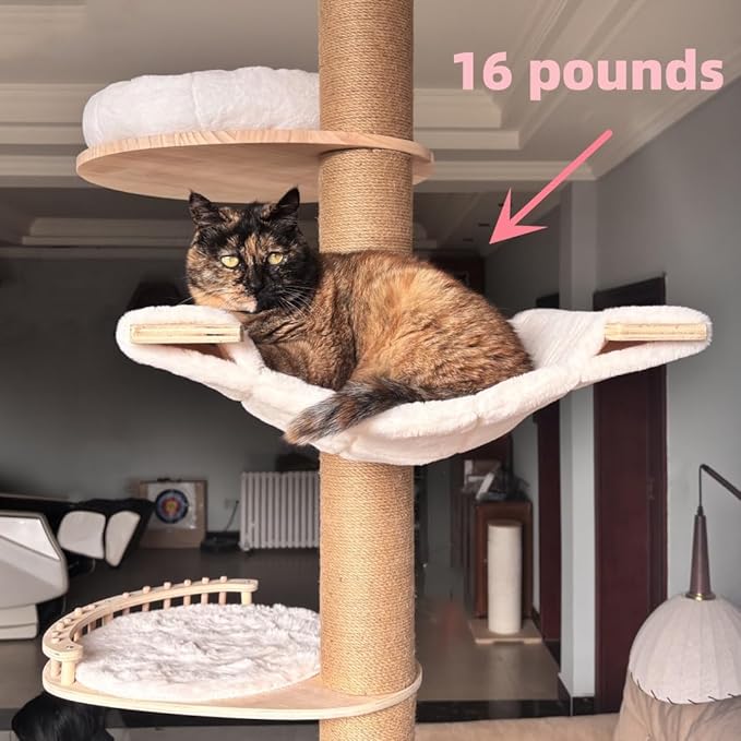 Floor to Ceiling Cat Tree,Adjustable Height 90-108 inch, 6 Level Tall Climb Tower, Cat Pole with Natural Sisal Rope Scratching Post/Plush Cat Bed/Cozy Hammock Multi-Style (Hammock Styles)