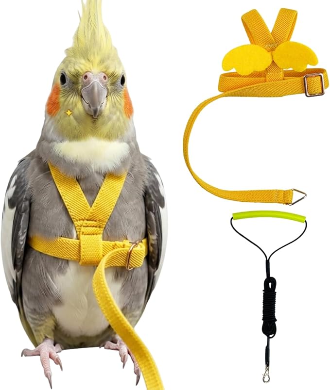 Adjustable Bird Harness with Elastic Leash, Pet Parrot Harness and Leash, Adjustable Training Design Anti-Bite, Bird Nylon Rope with Cute Wing for Conure (Yellow,2M)
