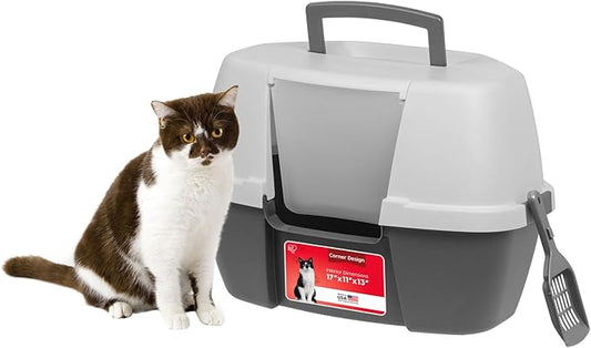 IRIS USA Cat Litter Box - Enclosed Corner Litter Box with Scoop, Hooded Litter Tray for Corners, Space-Saving Covered Litter Box, Odor Defensive, Dark Gray