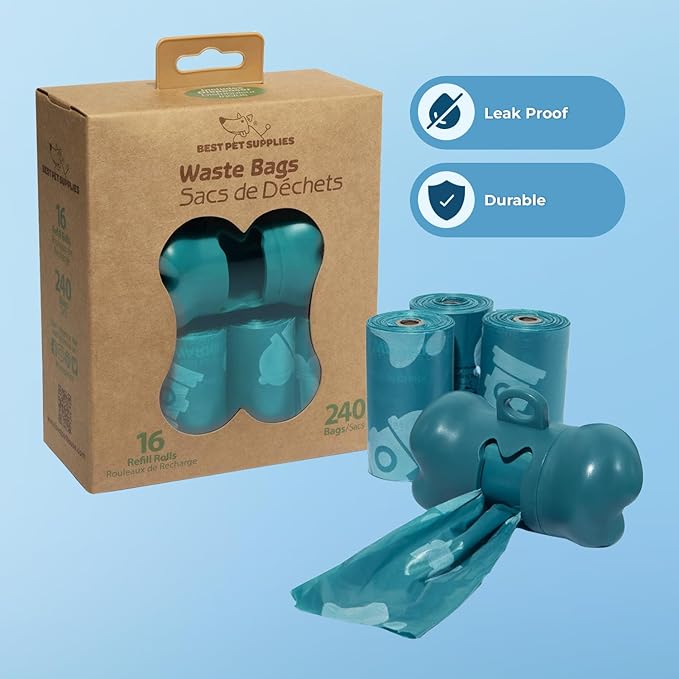 Best Pet Supplies Dog Poop Bags for Waste Refuse Cleanup, Doggy Roll Replacements for Outdoor Puppy Walking and Travel, Leak Proof and Tear Resistant, Thick Plastic - Turquoise, 240 Bags