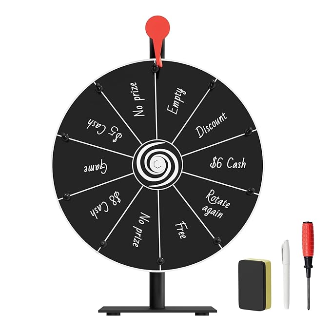 12 Inch Prize Wheel with Stand - Portable Spinning Wheel for Parties, Classroom Games, Carnival Prizes, Spin The Game with Dry Erase Marker & Eraser