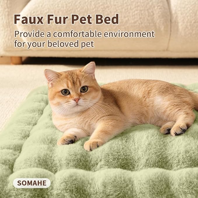 SOMAHE Cat Bed Mat, Soft Plush Faux Fur Kneading Pet Bed, Machine Washable Cat Sleeping Pad for Indoor Cats & Kittens, Non-Slip Fluffy Cat Rug for Couch Sofa Floor, 23x15 Inch Green