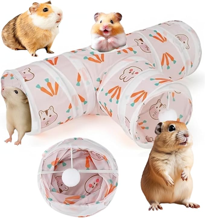 Tunnels with 3-Way Entrance - Cozy, Washable Guinea Pig Hideout - Interactive Cage Toys (Pink Hamsters)