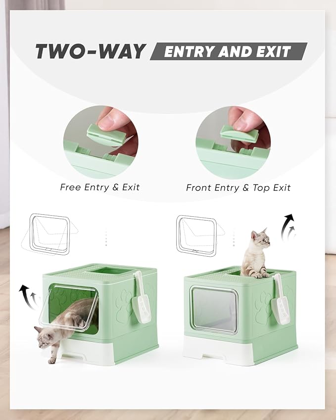 Covered Litter Box, Large Litter Box for Big Cats, Enclosed Cat Litter Boxes with Lid, Top Entry Kitty Litter Box with Scoop, Odor Control, Easy to Clean (Green)