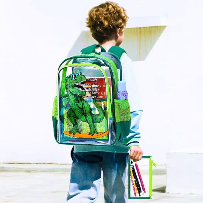 AGSDON 3PCS Clear Backpack for Boys, 16" Dinosaur Transparent Bookbag Heavy Duty, See Through Backpacks with Lunch Bag- Green Dinosaur
