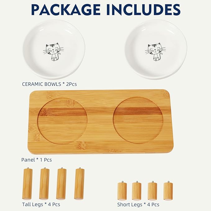 DoogCat Elevated Cat Bowls for Indoor Cats – Raised Bamboo Cat Food Table with 2 Ceramic Dishes, Adjustable Height (4.25"/3.07"), Whisker Friendly Feeding Station