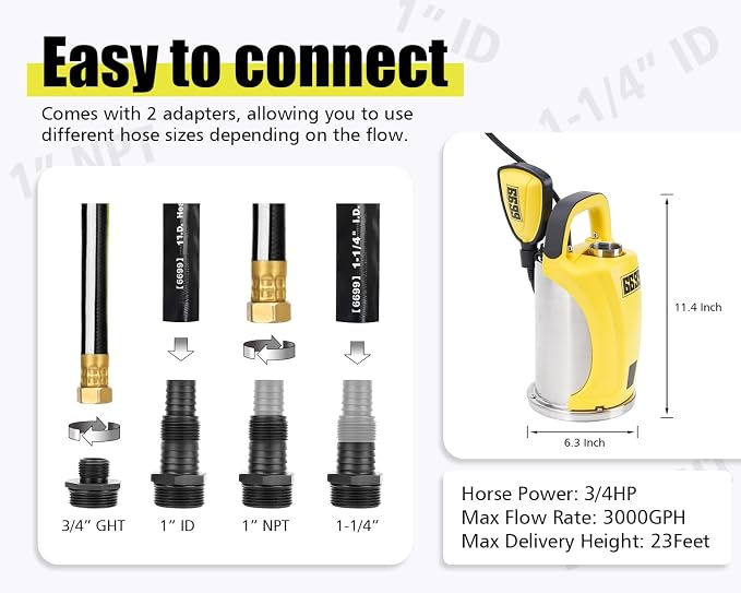 3/4HP Submersible Water Pump 3000GPH Stainless Steel Sump Pump with Adjustable Float Switch for Draining Water from Pool Hot Tub Flooded House Rain Barrel Pit Crawl Space