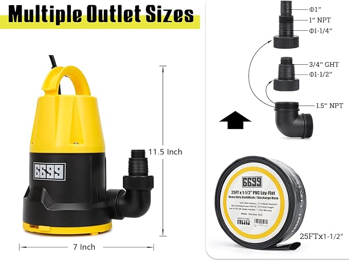 Submersible Sump Pump 2500GPH High Flow with 25FT x 1-1/2” Discharge Hose Drain Water Pump Kit 1/2HP Portable Utility Pump Easy to Use for Flooded Basement Rain Barrel