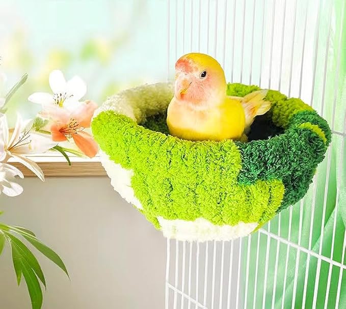 2 Pack Warm Bird Nest Bed for Cage Plush Hanging Parrot Bed Bird Snuggle Hut Hanging Sleeping Bird House for Parakeet, Conure, Budgie, Cockatiel, Lovebird, Finch, Hamster-Green&Pink