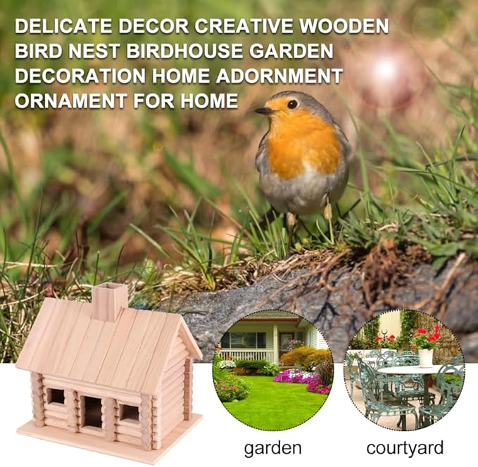 EXCEART Wooden Birdhouse 7.87X7.87X5.90 Inch Log Cabin Style Bird Nest for Small Birds Outdoor Garden Decoration Backyard Nesting Box