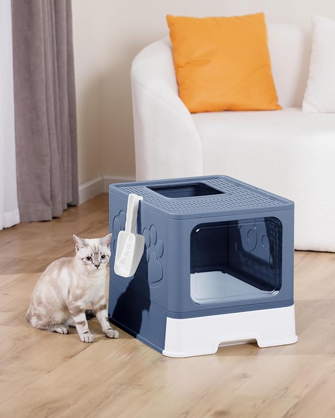 Covered Litter Box, Large Litter Box for Big Cats, Enclosed Cat Litter Boxes with Lid, Top Entry Kitty Litter Box with Scoop, Odor Control, Easy to Clean (Blue)