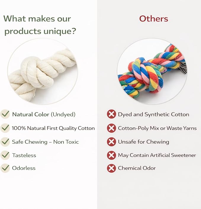 Dog Rope Toy for Aggressive Chewers, Organic Dog Toys, 15 Inch Long X 1-1/8 Inch Thick Indestructible, Heavy Duty Dog Rope Toy (2 Knots)