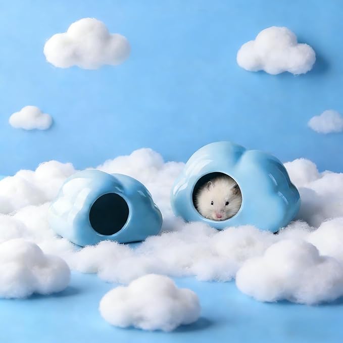 Cloud-Shaped Ceramic Hamster Hideout Cool Summer Cute Guinea Pig Bed House for Dwarf Hamsters, Mices, Gerbils (Blue,L)
