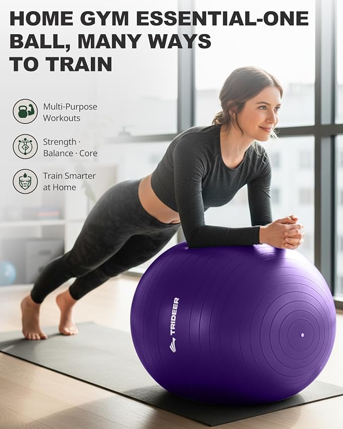 Trideer Exercise Ball for Yoga, Pilates & Fitness – Stability Ball Equipment for Home Gym & Office Chair, Core & Balance Training Accessories, Physical Therapy Equipment, Quick Pump Included, 5 Sizes
