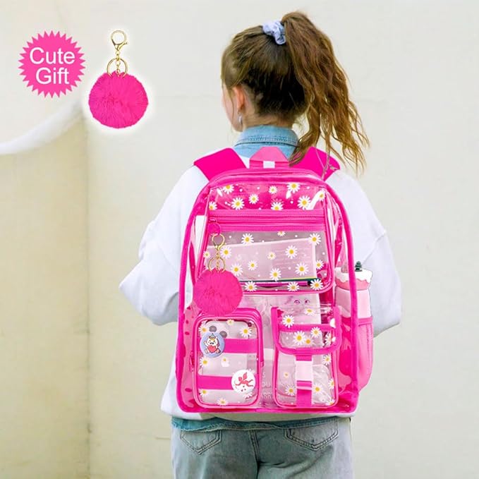 CCJPX 3Pcs Clear Backpack for Girls, School Transparent Bookbag, Heavy Duty See Through Backpacks for Teens Elementary