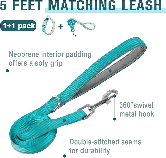Dog Collar for Medium Small Large Dogs Reflective with Leash,Collar and Leash for Dogs,Soft Neoprene Padded 2 Pack(Ocean Blue,S)