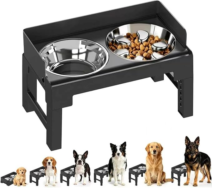 PAKEWAY Elevated Dog Bowls, Spill Proof, Tiltable Pet Feeder with 1 Stainless Steel Bowl &1 Stainless Steel Slow Feeder Bowl, 6 Height Adjustable Raised Bowls Stand for Medium Large Dogs