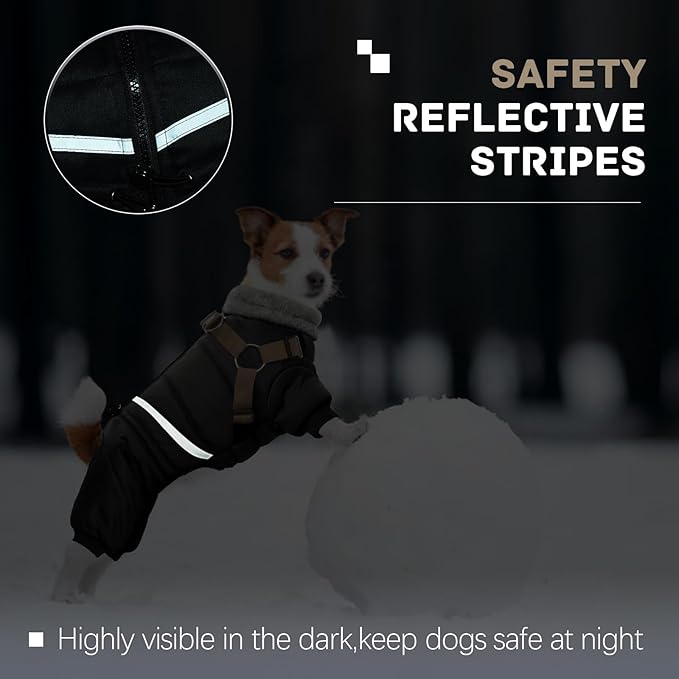 BRKURLEG Black Dog Coat with Harness, Dog Winter Jacket, Dogs Onesie Body Warm Jackets, Small Dogs Winter Coats Reflective Windproof Warm Cold Weather Coats, Pet Waterproof Jacket Hiking M