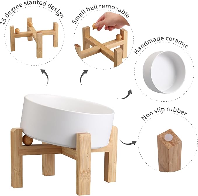 White Elevated/Raised 15°Tilted Anti Slip Ceramic Dog Bowl for Medium & Large Breeds,Slanted Bulldog Big Face Pet Feeding Food Water Dish Stand for Dogs (7.6 Cups/60OZ)