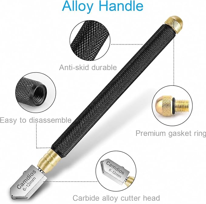 Glass Cutter 2mm-20mm, Glass Cutting Tool with Glass Oil & 3 Carbide Heads | 2-20 mm Glass Cutting, 3 Replaceable Carbide Heads, Automatic Oil Feed, Glass Cutting Oil, Mirror, Mosaic & Stained Glass