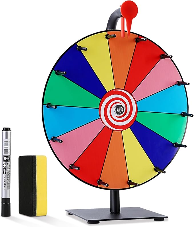 12 Inch Spinning Wheel for Prizes, 14 Slots Prize Wheel with Stand, Customizable Spinner Game for Classroom, Carnival, and Office Events