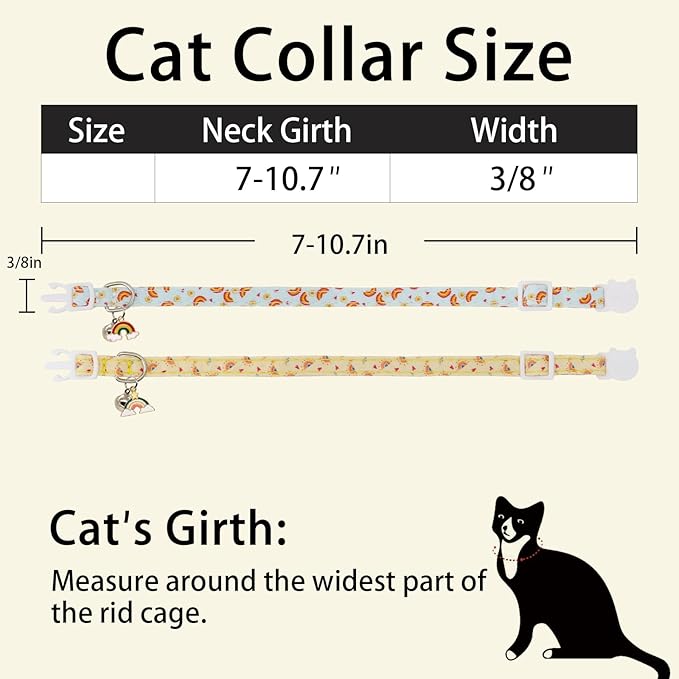 Cat Collars for Girl Cats & Boys, 2 Pack Soft Cotton Breakaway Collar with Removable Bell and Cute Charms, Adjustable Safety Pet Necklace, Rainbow