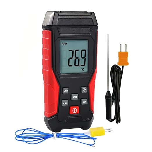 Digital K Type Thermometer with Two Thermocouple Probes, -328°F~2501°F Single Channel Thermocouple Thermometer HVAC Temperature Meter with Backlit LCD Display Max/Min, Data Hold