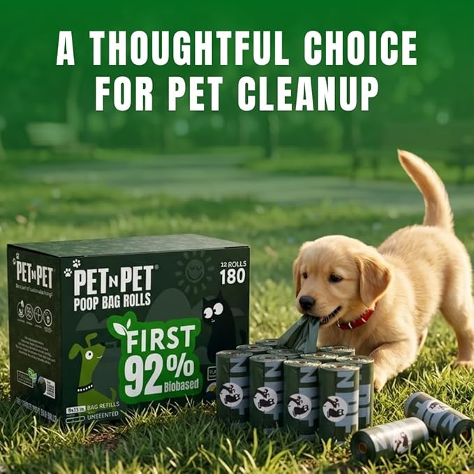 Pet N Pet 180 Counts Dog Poop Bags Rolls, 92% Plant Based Poop Bags for Dogs, Leak Proof Thick Doggie Poo Bag, Unscented Cat & Dog Waste Bag