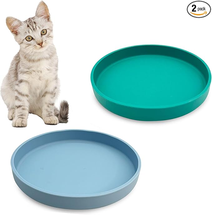 Silicone Cat Food Bowls Shallow Cat Dishes 5.9in Wide Pet Plates Set of 2 Small Flat Dog Saucer Bowl Cute Whisker Fatigue Kitten Feeding Dish for Dry & Wet Food (Round Blue + Green)