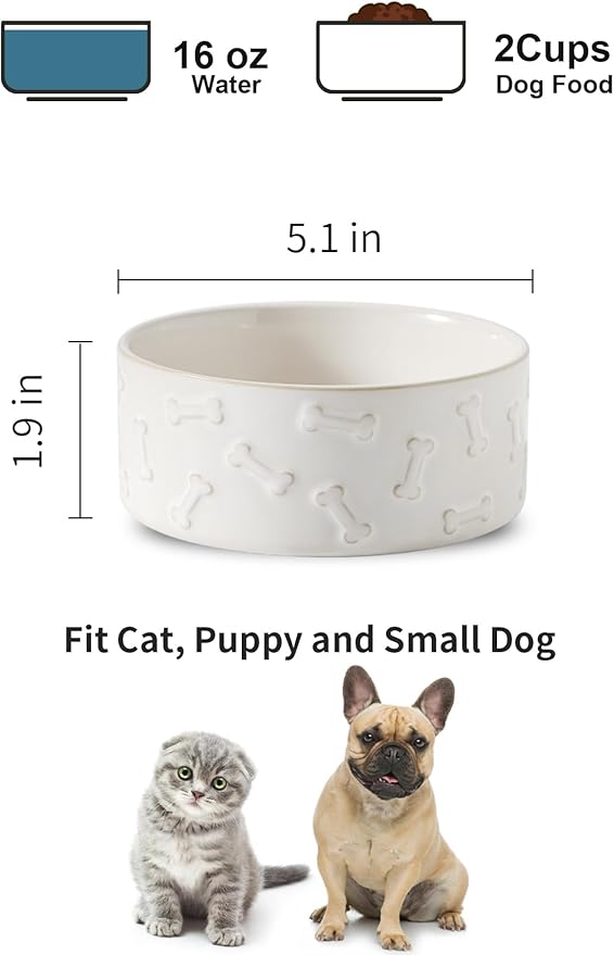 UBEE Ceramic Dog Bowl Set of 2, 5.1 inch Dog Food Bowl, Pet Food Water Dish Feeding for Small Dogs and Large Cat, Bone Pattern, 5.1 in-Small, White