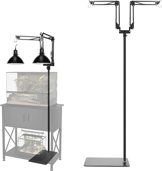 MECESOR Dual Reptile Lamp Stand,15.7-74.3 Inch Height Adjustable Reptile Light Stand,360°Rotatable Flexible Arms,Heat Lamp Stand for Reptiles Tank,Terrariums,Amphibian Cages&Plants