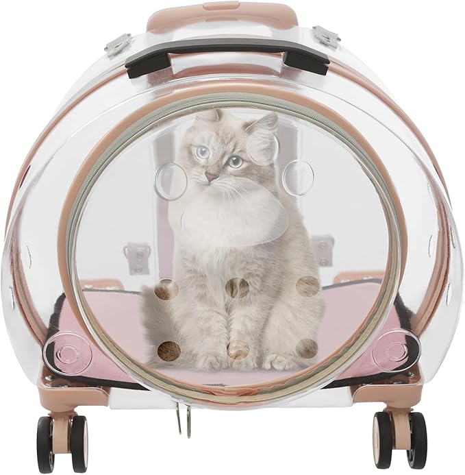 Cat Backpack Carrier, Transparent & Breathable Cat Carrier with Wheels, Large Space Bubble Pet Backpack for Kitty Dog Bunny Up to 20lbs, Multiple Carrying Options, Perfect for Traveling/Taking a Walk